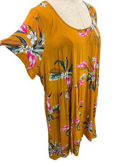 3X Torrid Gold Floral Boho Dress Lightweight Short Sleeve Stretch Rayon