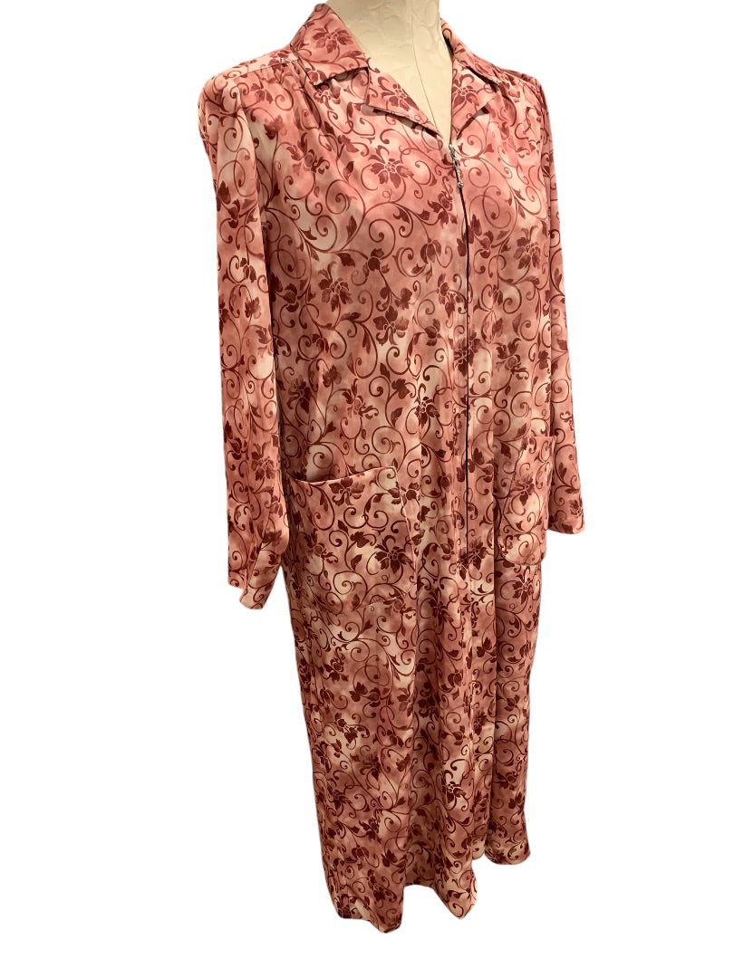 Large Leo-Danal Vintage 1970s Pink Zip Front House Dress Pockets Pullover Shoulder Pads