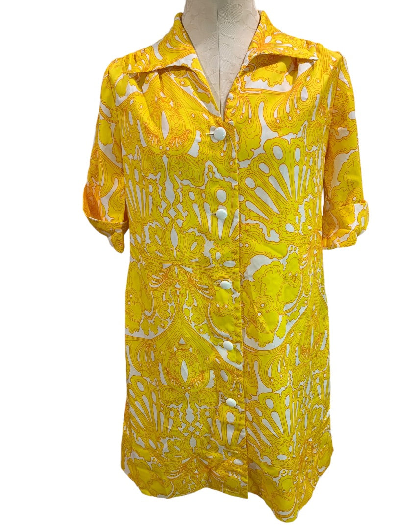 Medium House Dress Vintage 1960s Yellow Print Button Up Polyester