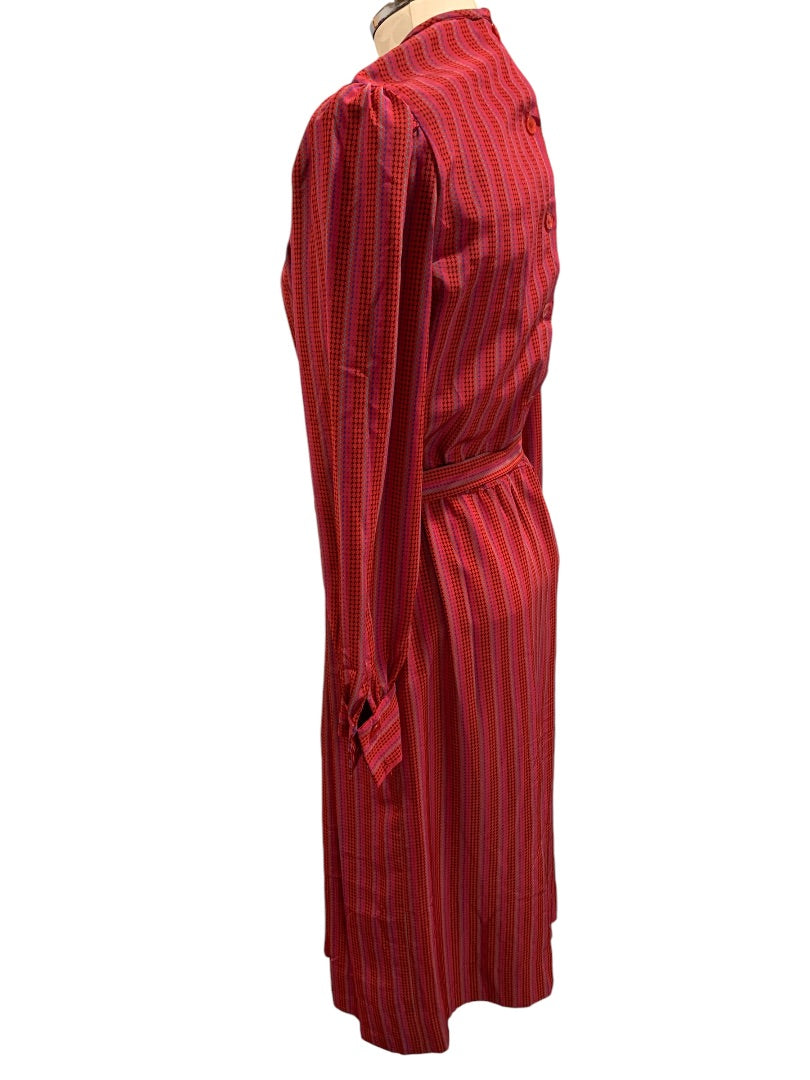 Medium Vintage 1970s Red Micro Print Midi Dress Belted Pleated Pockets