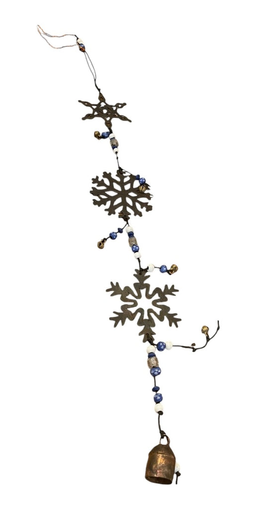 Rustic 3 Metal Snowflakes with Beads  Bells Windchime 24 Length