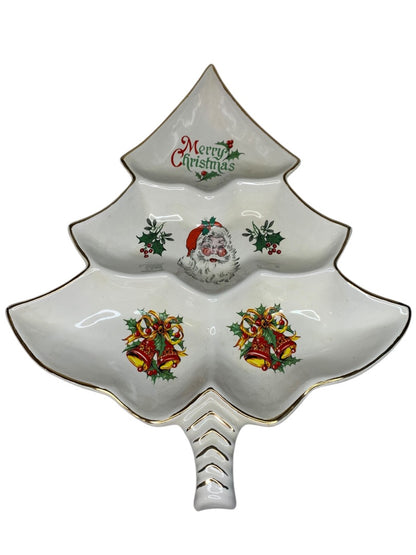 Vintage MCM Holiday Christmas Candy Nut Dish Santa Gold Trim 14 Inch