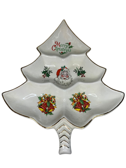 Vintage MCM Holiday Christmas Candy Nut Dish Santa Gold Trim 14 Inch