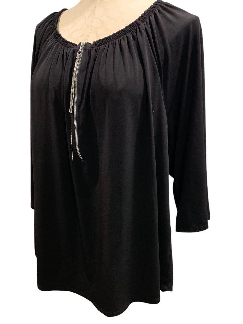 Large (16) Chicos Womens Black Shirt Off Shoulder Silver Tassel Zipper