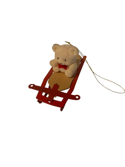 Vintage Flocked Teddy Bear on Sled Ornament Metal Wood