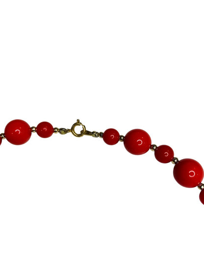 Vintage Beaded Necklace Red Acrylic Goldtone Spacers 18 Inch Spring Clasp