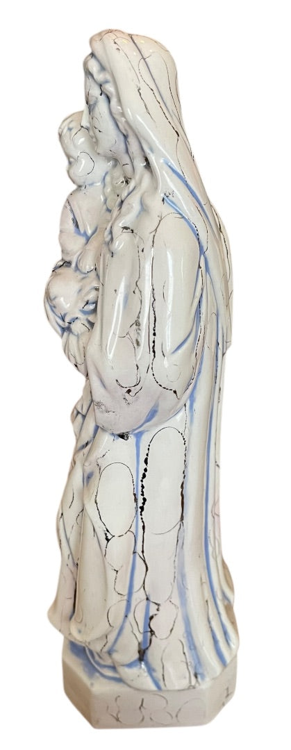 Vintage Madonna Baby Jesus Ceramic Figurine Artistic Glaze Blue Black 13.5 Inch