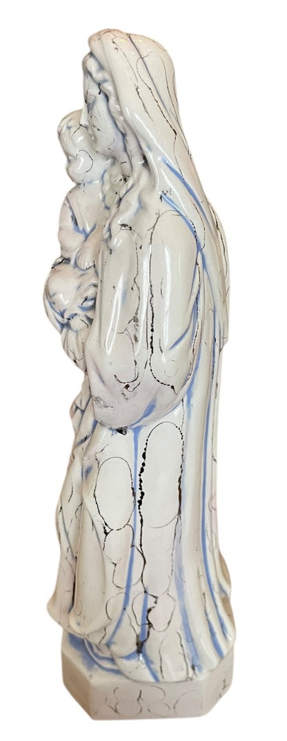 Vintage Madonna Baby Jesus Ceramic Figurine Artistic Glaze Blue Black 13.5 Inch