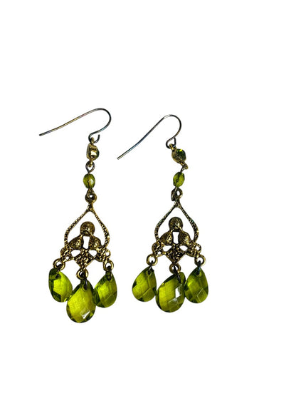 Goldtone and Green Beaded Earrings Hook Pierced 2.5" Drop