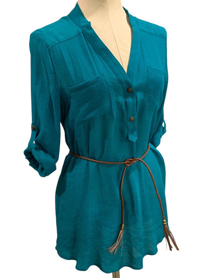 Medium A.Byer Womens New Teal Tunic Blouse Shirt Belted