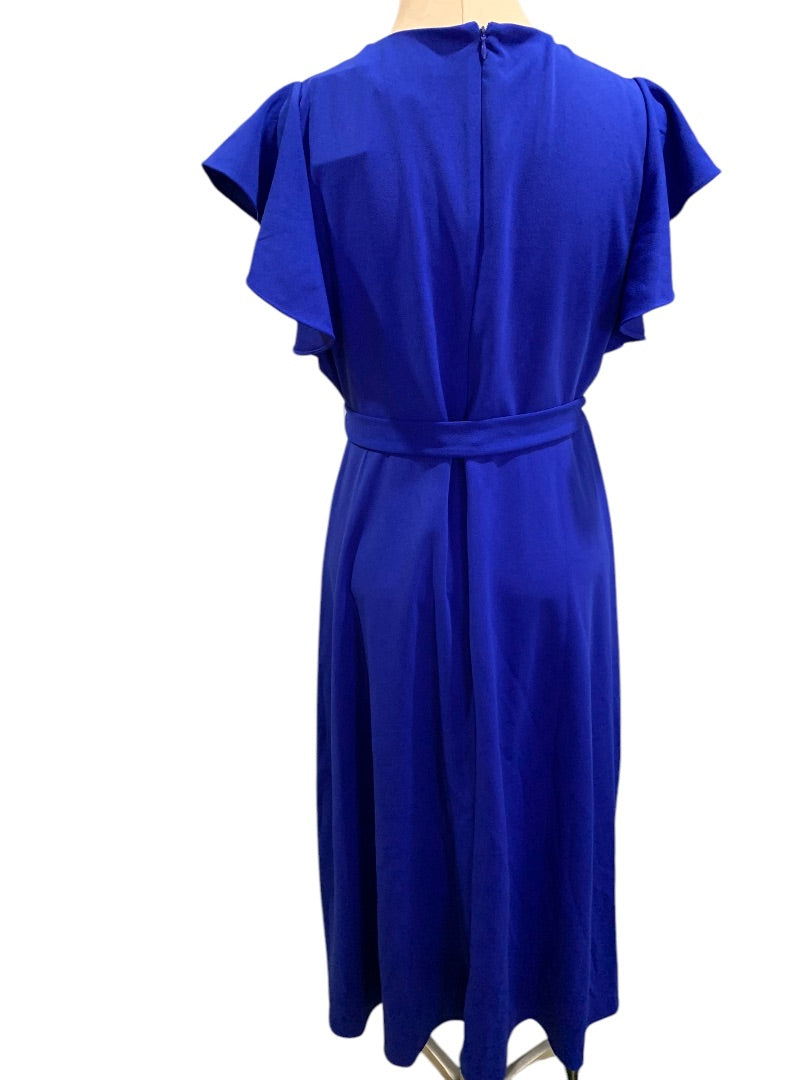 Size 12 DKNY New Flutter Sleeve Faux Wrap Dress Royal Blue