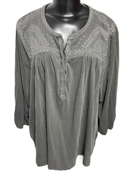 3X Lucky Brand 3/4 Sleeve Embroidered Womens Top Gray NWT