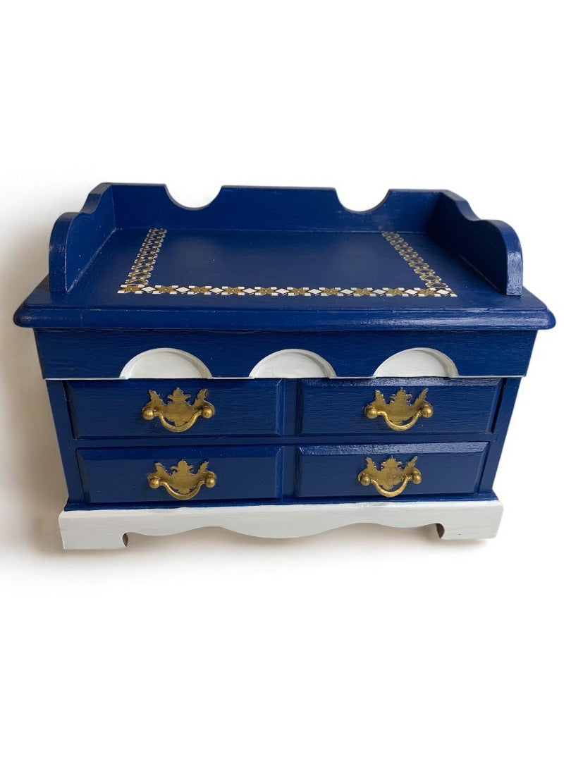 Tabletop Jewelry Box Bright Navy White Goldtone 8"h x 11"l x 6.5"d