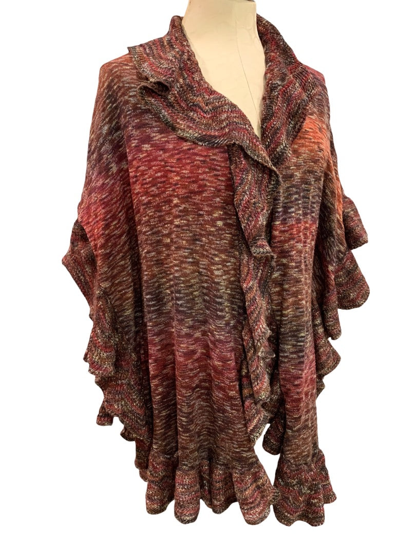 Small Medium Chicos Ruffle Knit Ruana Multi Color Open Cardigan Sweater