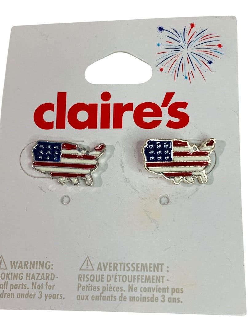 Claires New Post Pierced Earrings USA Map Flag Silvertone