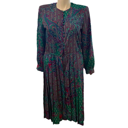 Size 14 Schrader Womens 1980s Polyester Dress Shoulder Pads Pleated Green Purple