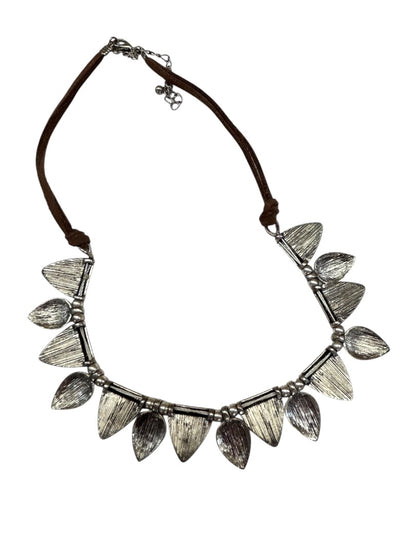 Cord and Metal Southwestern Style Necklace 15.5-18 Inch Silvertone Lobster Clasp