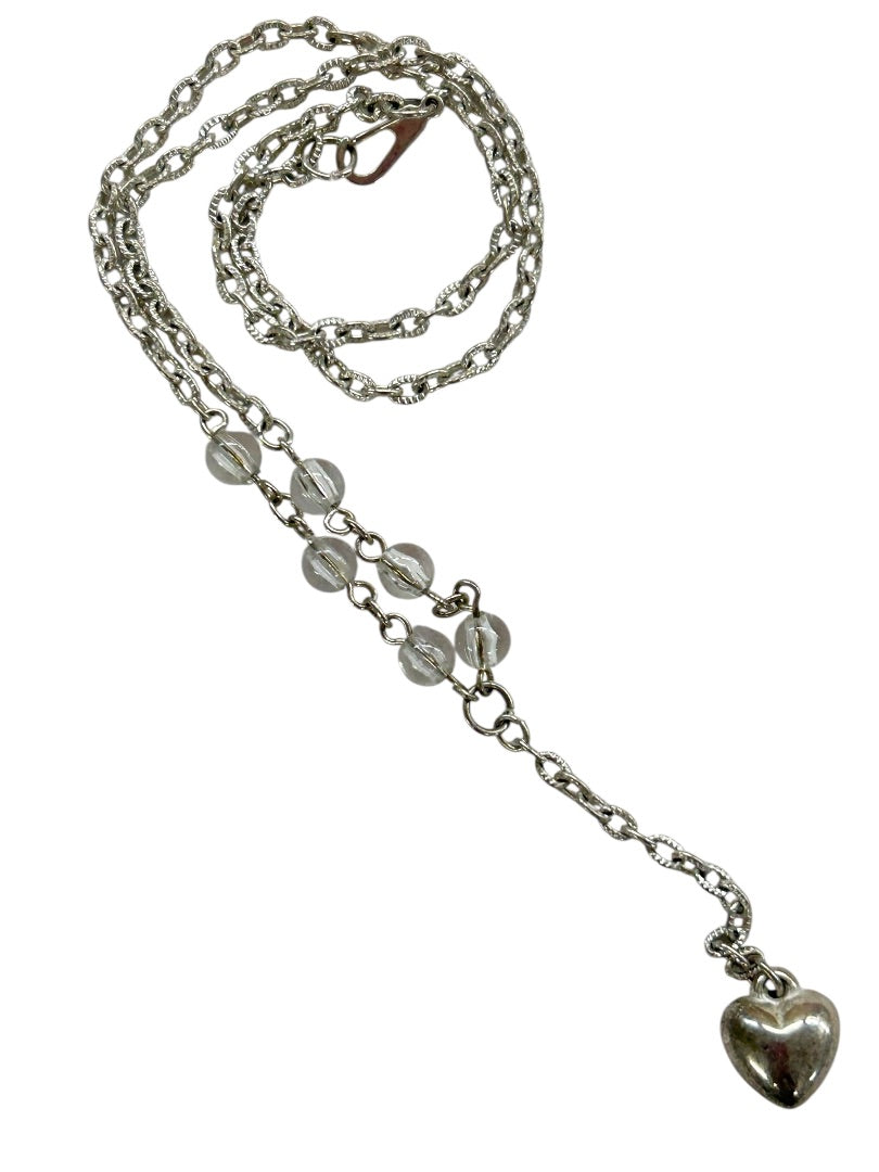 Silvertone 16 Inch Necklace 2" Drop Heart Crystals Lobster Clasp