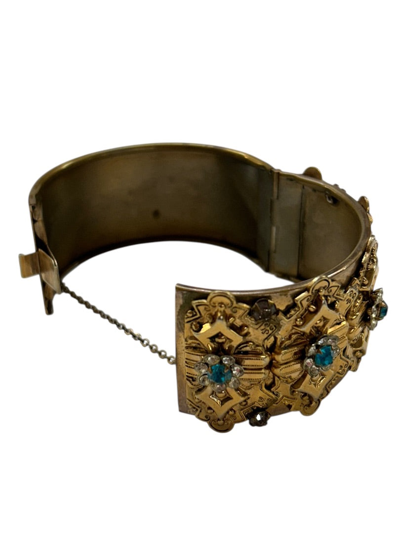 Vintage Cuff Bangle Bracelet Hinged Aquamarine Ornate