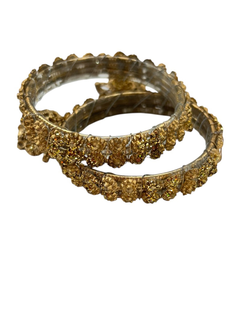 Small Goldtone Bangle Bracelets Set of 2 Glittery Tassels 2.25" Inside Diameter