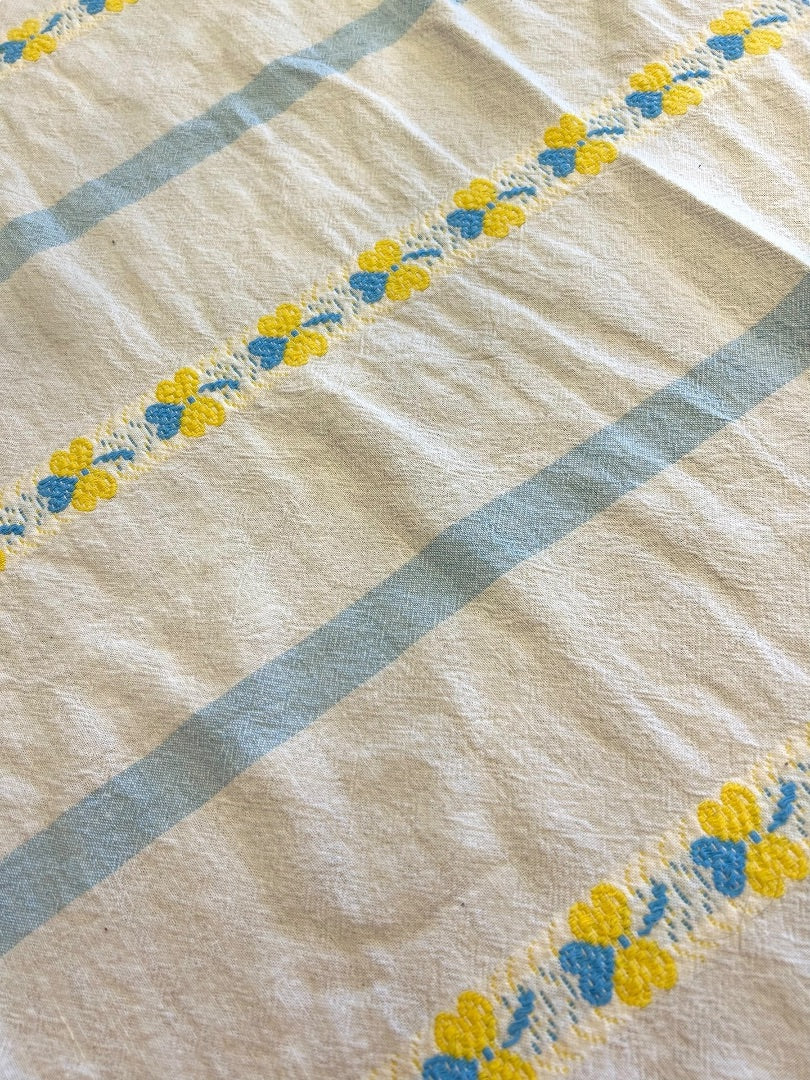 Vintage Tablecloth Linen Blue Yellow Embroidered 48 x 66 Inch Table Linen
