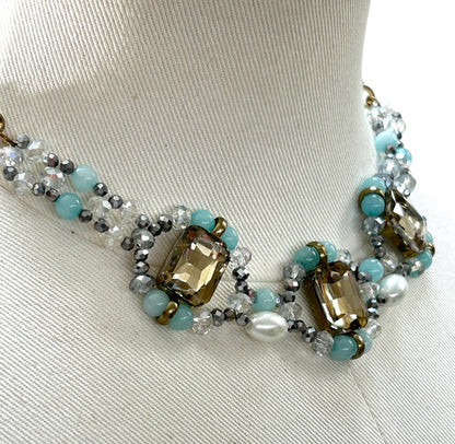 Goldtone Blue Statement Necklace 16-18 Inch Lobster Clasp Faux Pearl