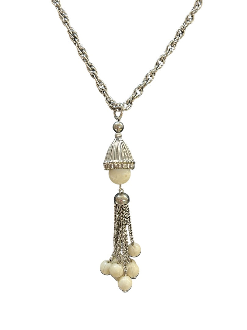 Vintage Silvertone and Cream Bead Necklace 19 Inch Spring Clasp Tassel