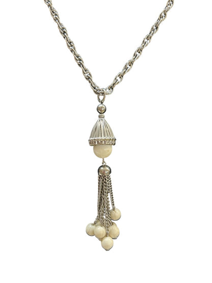 Vintage Silvertone and Cream Bead Necklace 19 Inch Spring Clasp Tassel