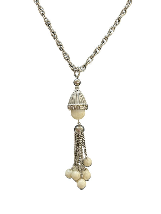 Vintage Silvertone and Cream Bead Necklace 19 Inch Spring Clasp Tassel