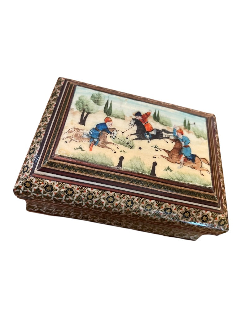 Vintage Khatam Persian Wooden Turkish Trinket Box Hinged Hand Painted