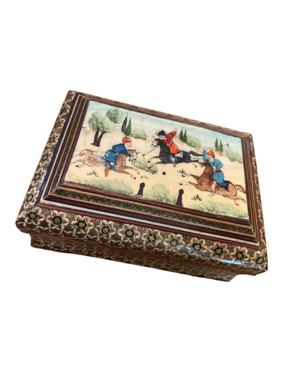 Vintage Khatam Persian Wooden Turkish Trinket Box Hinged Hand Painted
