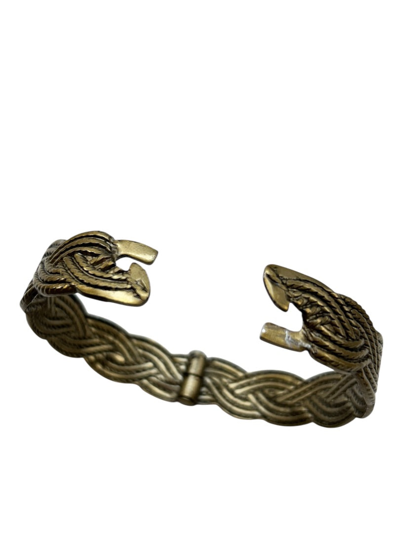 Antiqued Goldtone Hinged Bangle Bracelet Braid Design 2.25" Inside Diameter