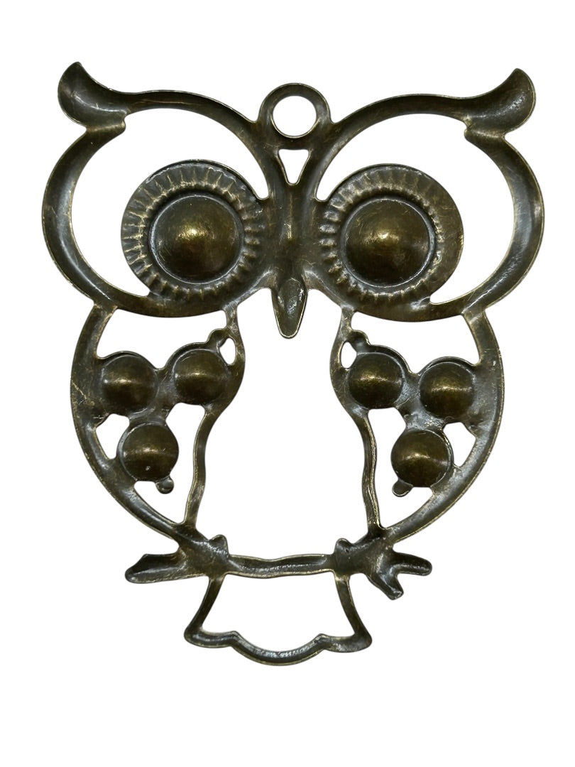 Open Pendant Owl Goldtone Multicolor 2 Inch Teal Red Pink Yellow