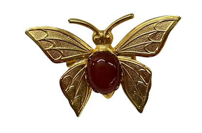 Vintage Goldtone Butterfly Brooch Pin Cabochon Stone 1.5 Inch