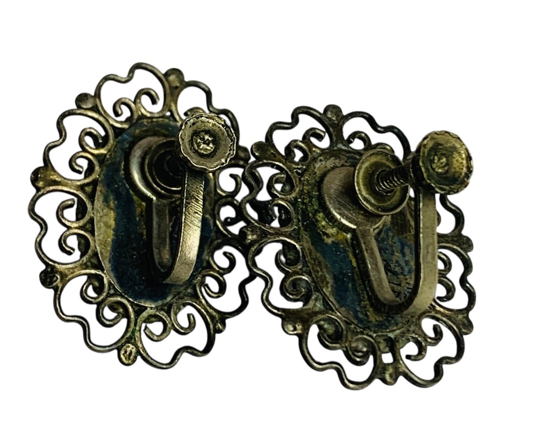 Vintage Clip On Screwback Earrings Green Silvertone Filigree 1.1 Inch