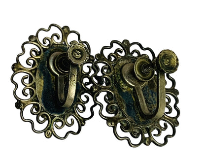 Vintage Clip On Screwback Earrings Green Silvertone Filigree 1.1 Inch