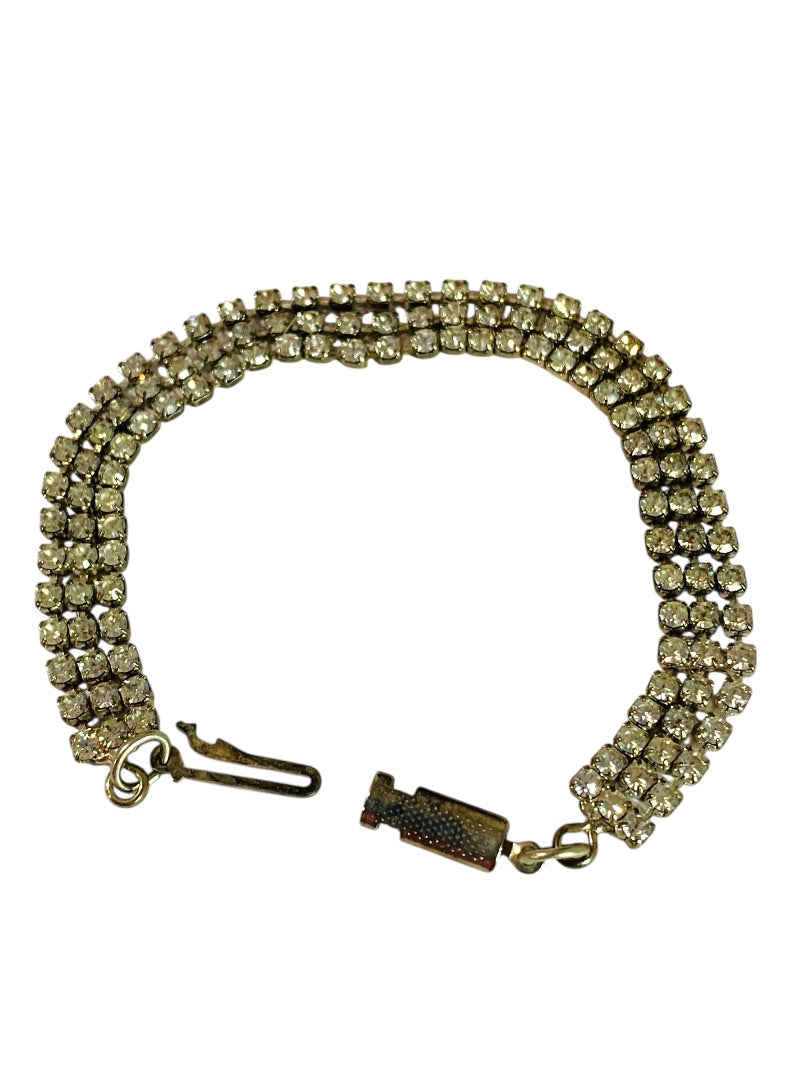 Vintage 3 Row Rhinestone Bracelet 7 Inch Box Clasp Tennis