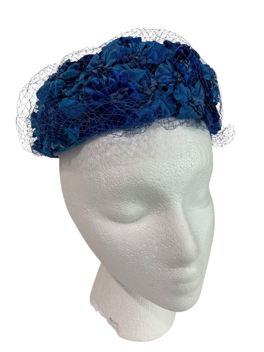 Blue Floral Veil Hat 1950s Net Fascinator Pillbox Style Miss Sally Box John Wanamaker