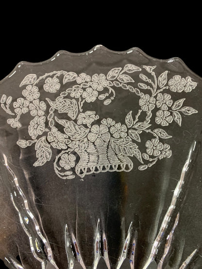 New Martinsville Flower Basket Clear Glass Etched Vintage Platter 12 Inch