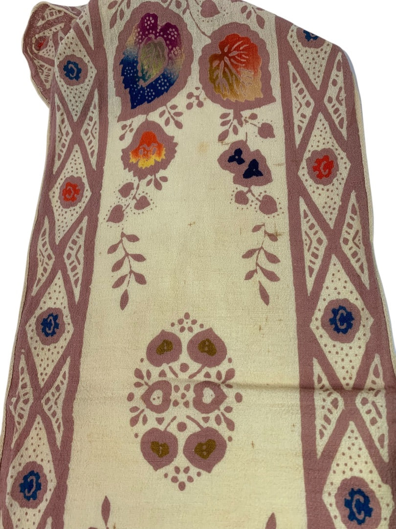 Vintage Linen Blend Boho Scarf Leaf Print 40 x 10 Inch