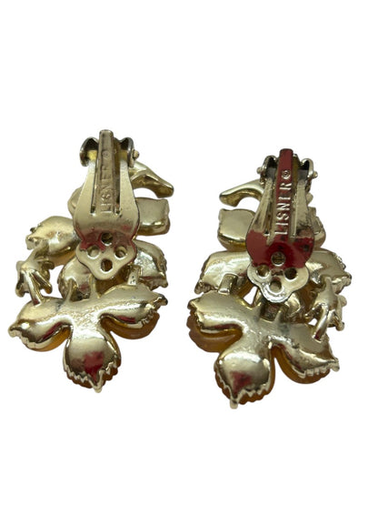 Vintage Signed Lisner Clip On Earrings Acrylic Amber Floral 1.5" Drop