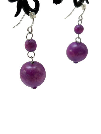 Purple Wooden Beaded Earrings Pierced Fish Hook Silvertone 1.5" Drop