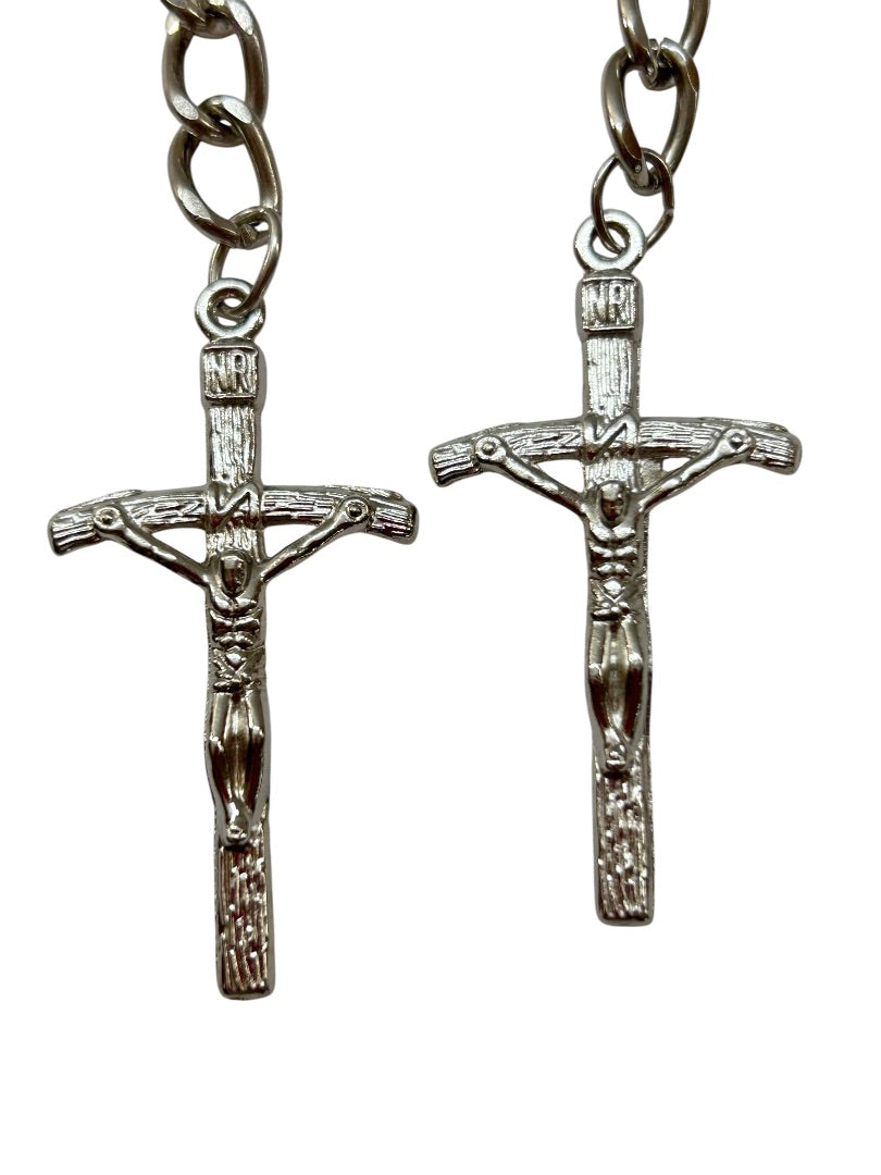 Set of 2 Silvertone Cross Jesus Religious Christian Keychain Key Rings 4.5"