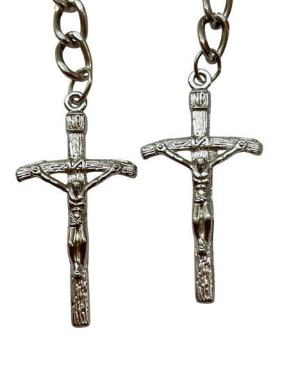 Set of 2 Silvertone Cross Jesus Religious Christian Keychain Key Rings 4.5"