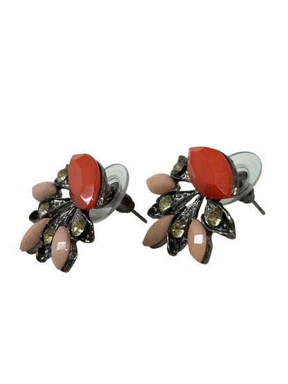 Retro Post Pierced Earrings Coral Pink Pewter Colors .75 Inch