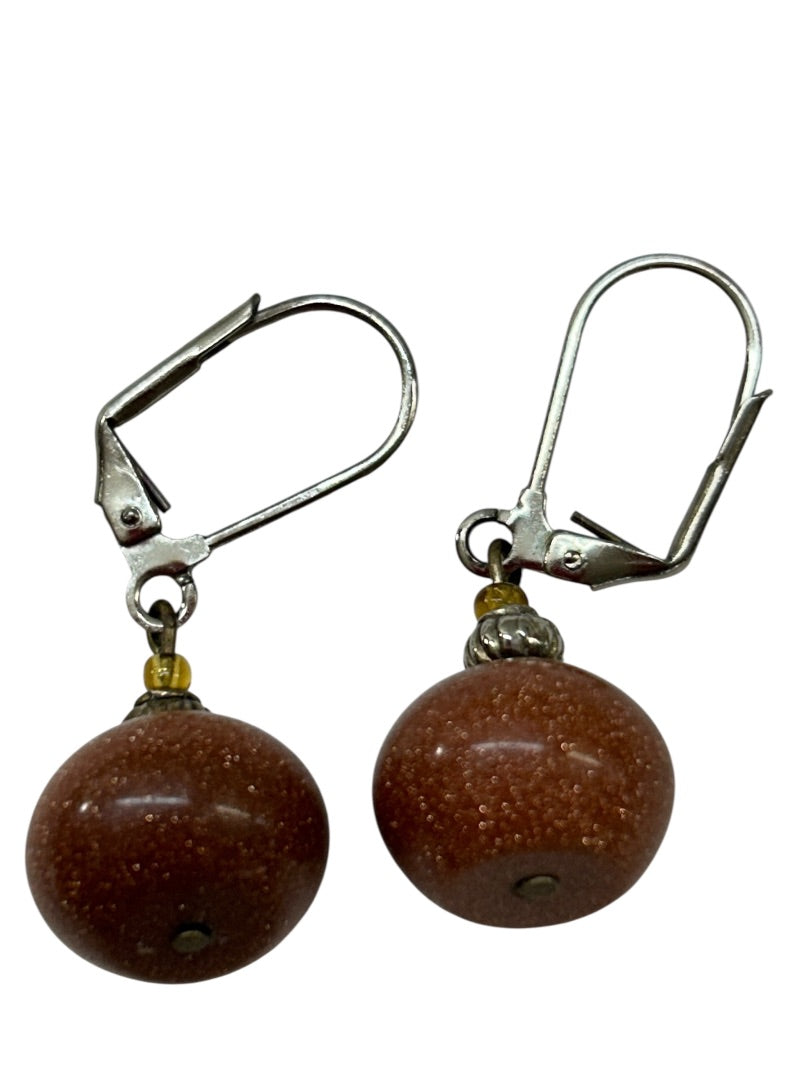 Goldstone Bead Earrings Leverback Silvertone 1.25 Inch Drop