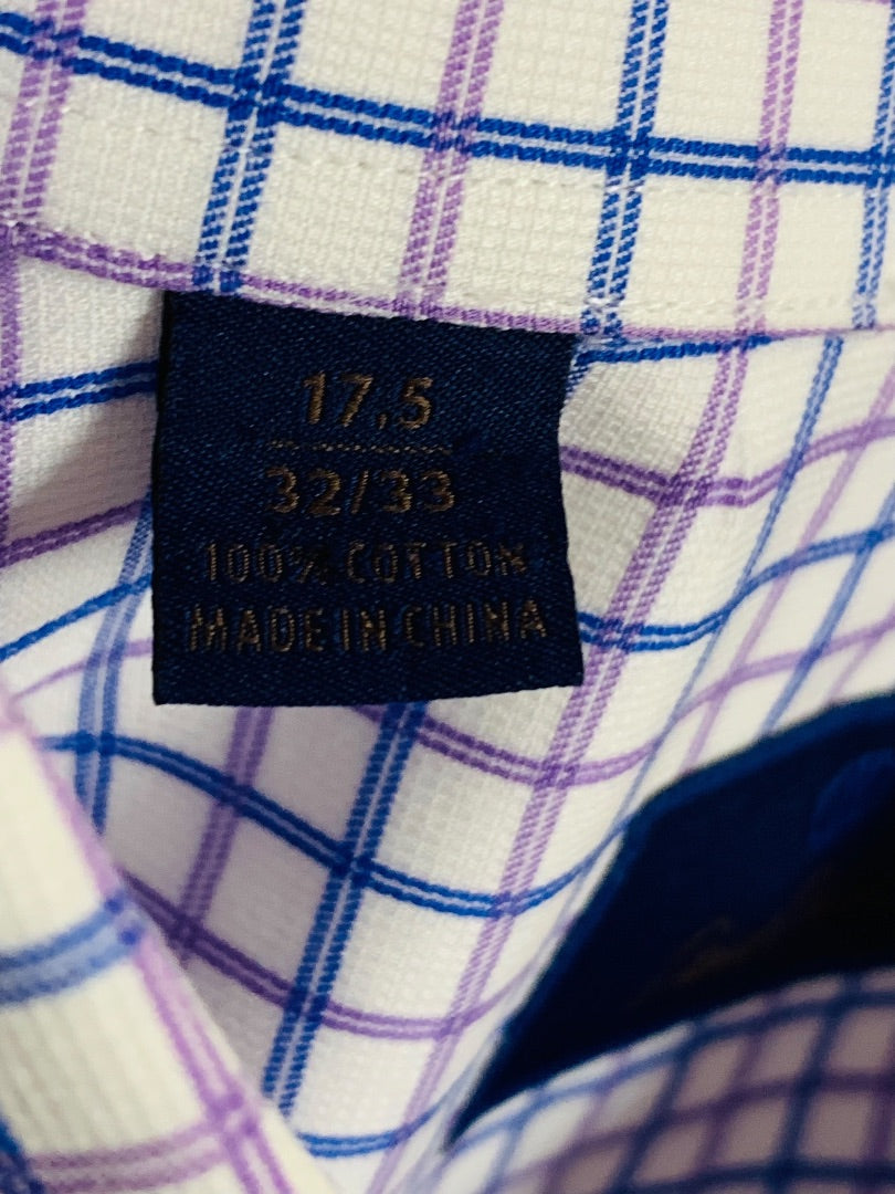 17.5 (32/33) David Donahue Mens Button Up Dress Shirt Windowpane Blue Purple