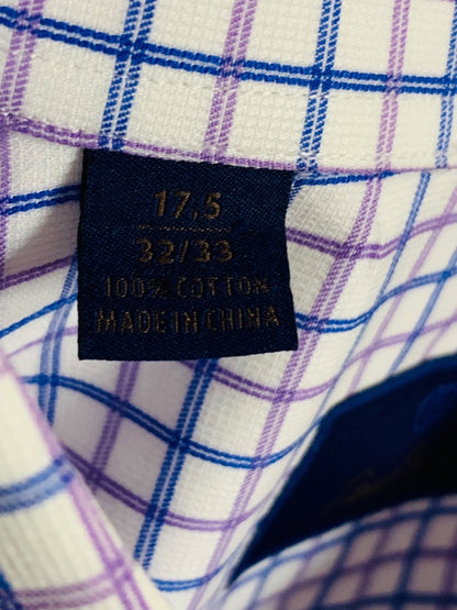 17.5 (32/33) David Donahue Mens Button Up Dress Shirt Windowpane Blue Purple