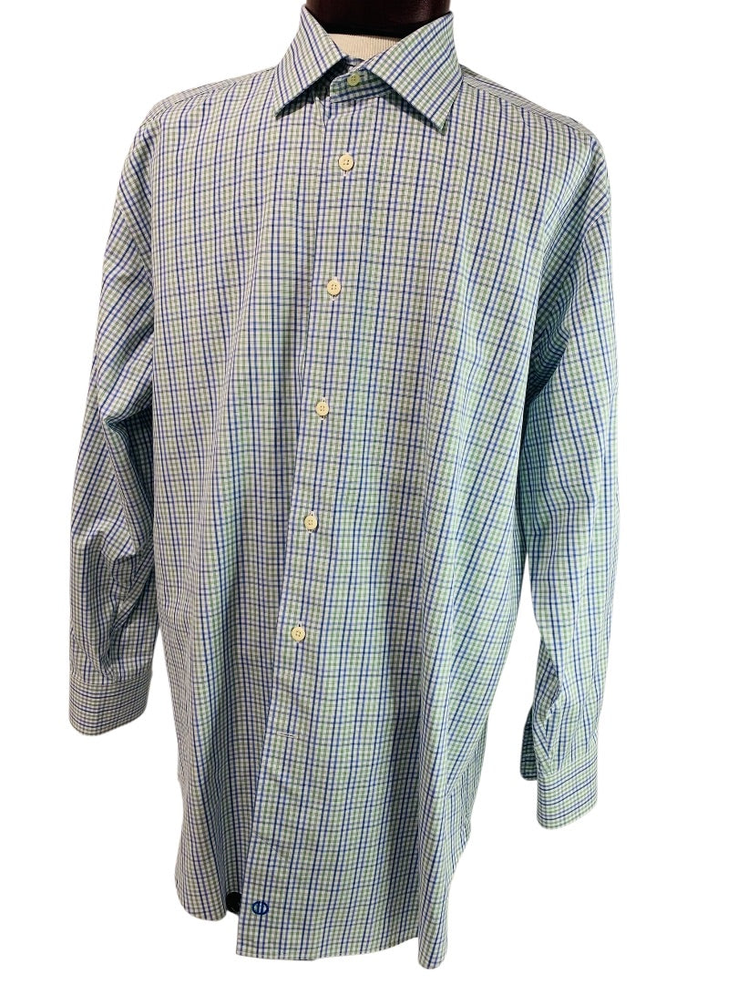 17.5 (32/33) David Donahue Mens Button Up Dress Shirt Plaid Blue Green