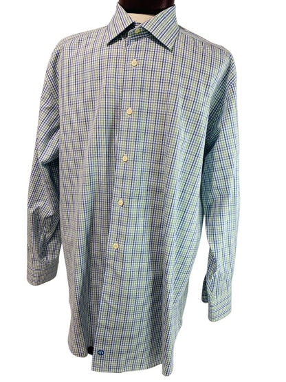 17.5 (32/33) David Donahue Mens Button Up Dress Shirt Plaid Blue Green